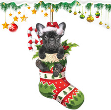 French Bulldog Dog Acrylic Christmas Ornament, Cute Bulldog Puppy in Stocking, 2