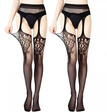 2 Pairs High Waisted Fishnet Tights Women Garter Suspender Pantyhose Black OS