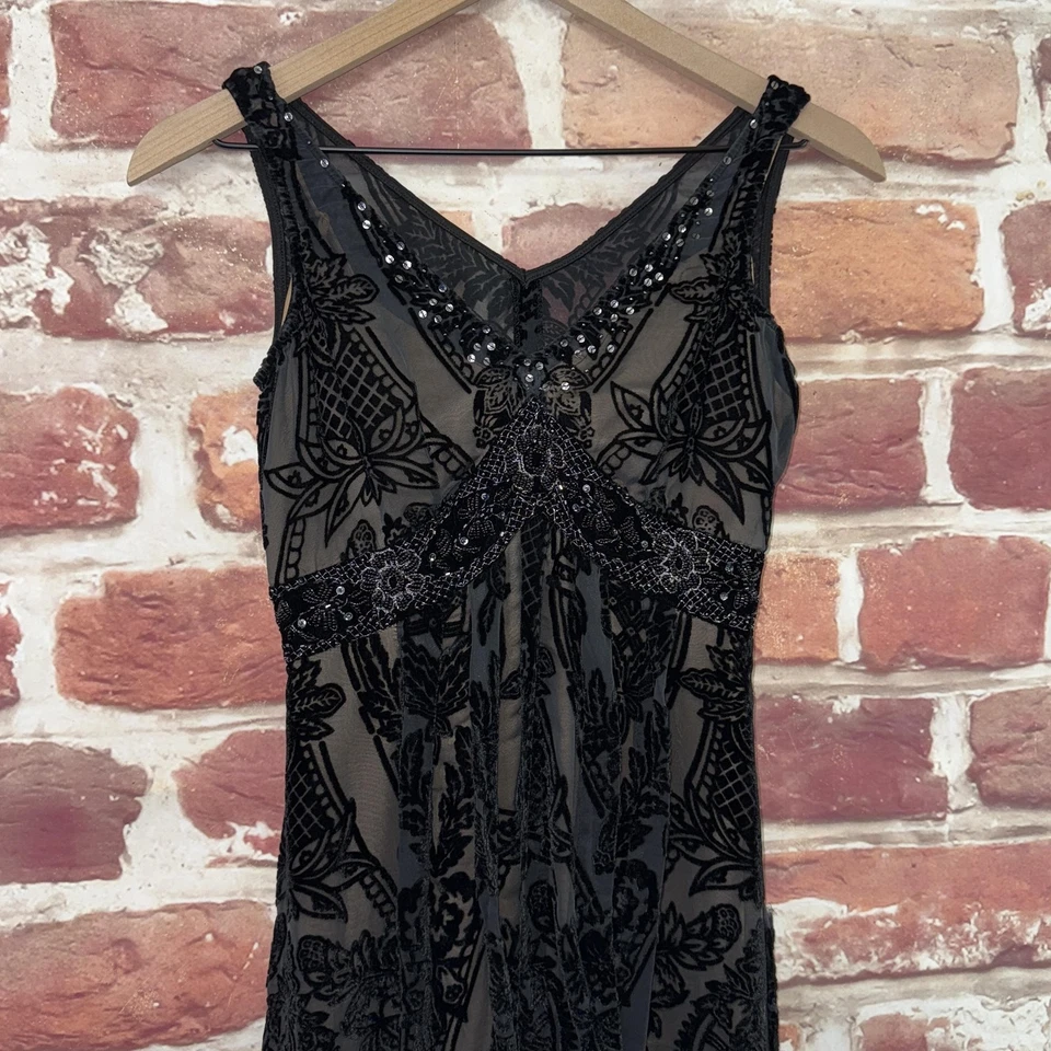 Vintage ECI New York Dress Womens 4 Black Boho Floral Velvet Burnout Beaded - Image 3 of 4