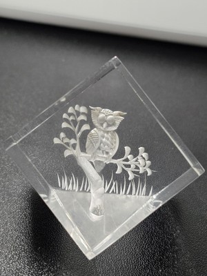 Vintage Plexiglas/Kunststoff Eule auf einem Ast quadratischer Briefbeschwerer
