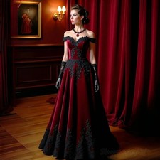 Vintage Burgundy Black Evening Dresses Off Shoulder Lace Appliques Prom Gowns