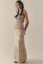 Free People Ikat Oasis Maxi Dress Halter Crochet Print Knit Backless Ivory S NEW