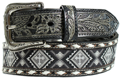 Nocona Western Mens Belt Leather Beaded Cross Buck Stitch Black