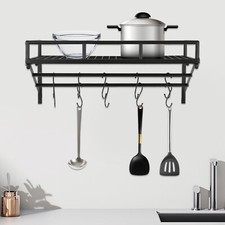 Kitchen Wall Mounted Storage Shelf Cookware Pan Pot Organizer Rack with 10 Hooks