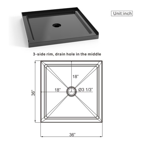 36'' Square Shower Base Black ABS, high-gloss,Centered Drain, without drain set - Picture 8 of 10