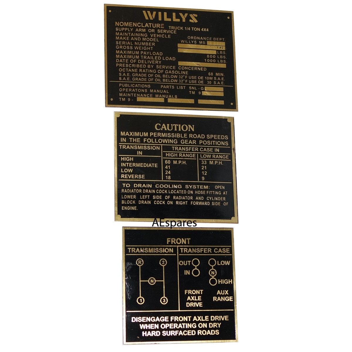 Brass Black Dash Data Plate 3 Unit For Jeeps Willys Ford CJ2A CJ3A