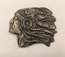 Native American Indian Chief Belt Buckle Cut Out Headdress Vintage 80s  .CPA203