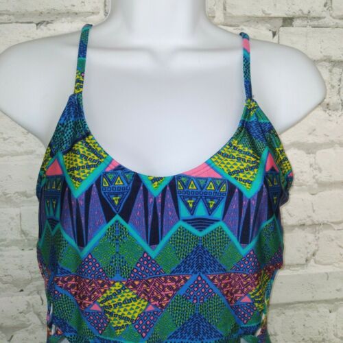 Stylish Swimwear Womens Large Blue Geometric Cut Out One Piece Swim Suit 90s - Picture 3 of 9