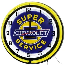 19" Chevrolet Super Service Sign Double Neon Clock Garage Decor Yellow Neon