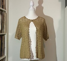 Vintage 90  s R K Tan Hippie Sequin Glitter Crochet Knit Cardigan Top Women  s L