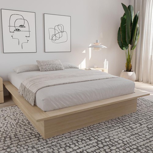 Nexera Platform Bed Queen Size Minimalist Extra-Wide Engineered Wood Frame Beige - Picture 8 of 9