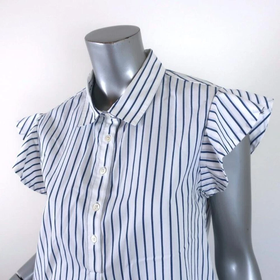 FRAME Popover Blouse White/Blue Striped Cotton Size Small Flounce Sleeve Top - Изображение 3 из 4