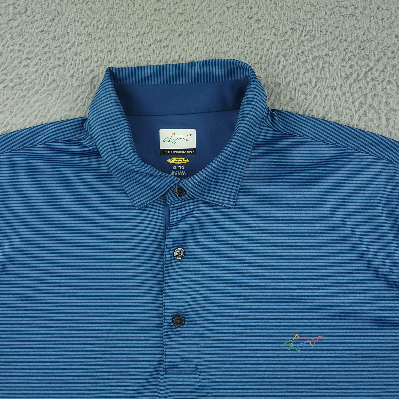 Greg Norman Polo Shirt Mens XL Blue Stripe PlayDry Golf Performance Shark Casual