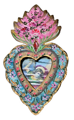 Vtg Mexican Handpainted Flaming Heart Angel Corazon Milagro Floral Tin Folk Art