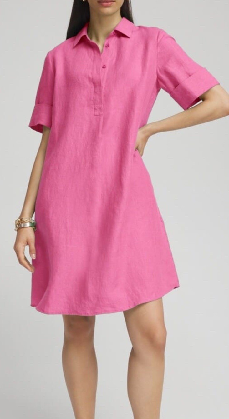 Chicos Linen Dress 1 US 8 Pink Pockets Collared Oversized