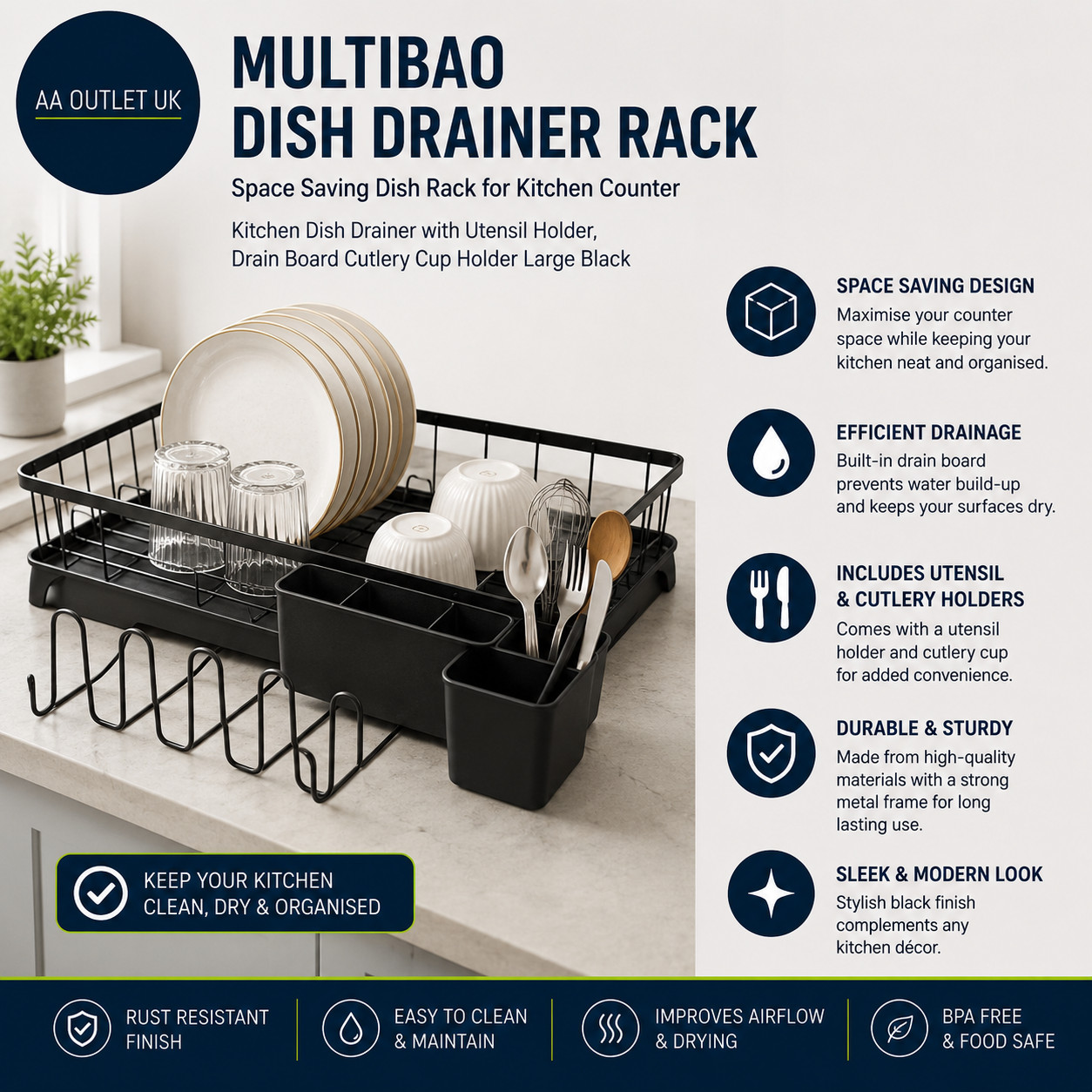 Multibao Dish Drainer Rack Space Saving Kitchen Counter Dishware Black