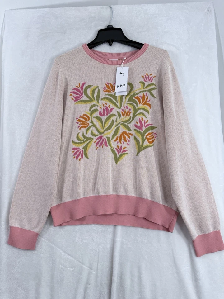 Nuevo Suéter Puma Dani Dazey XXL Mujer Rosa Floral Manga Larga Intarsia Tejido Top Foto 4 de 4