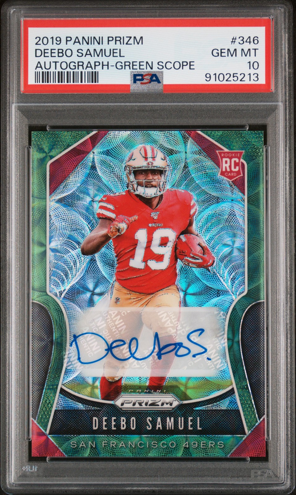 2019 PANINI PRIZM AUTO-GREEN SCOPE #346 DEEBO SAMUEL ROOKIE RC 39/75 PSA 10