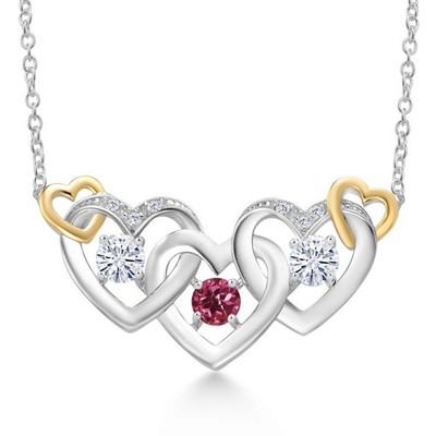 925 Silver and 10K Yellow Gold Pink Tourmaline White Moissanite and White Lab