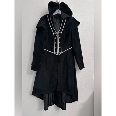 Gothic Vampire Hooded Black Velvet Trench Coat Victorian Steampunk XL