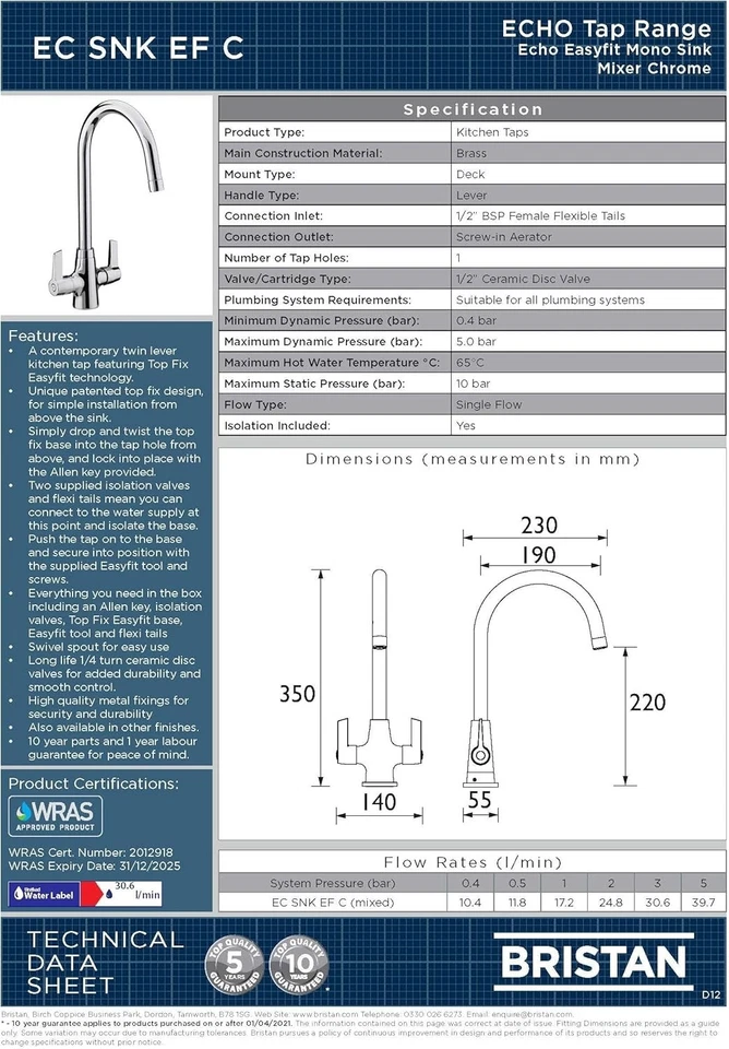 Bristan Echo EasyFit Kitchen Sink Mixer Tap Chrome Kitchen Mixer Tap - Image 3 of 4