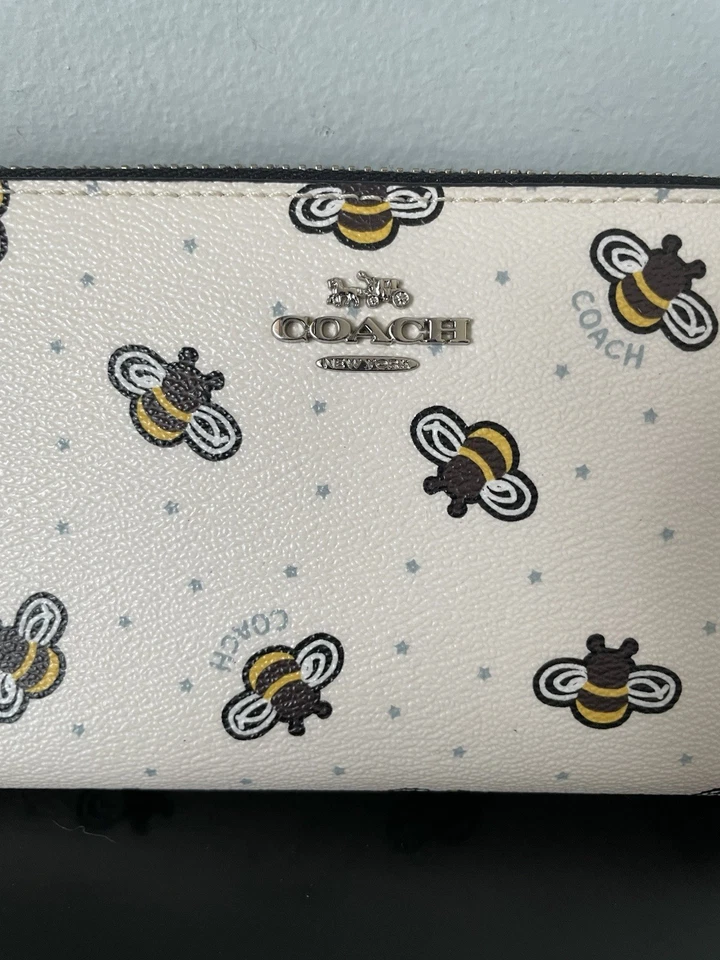 Cartera Larga COACH Acordeón Estampado Abejas con Cuero Negro, Plateado, Tamaño Completo Foto 3 de 4