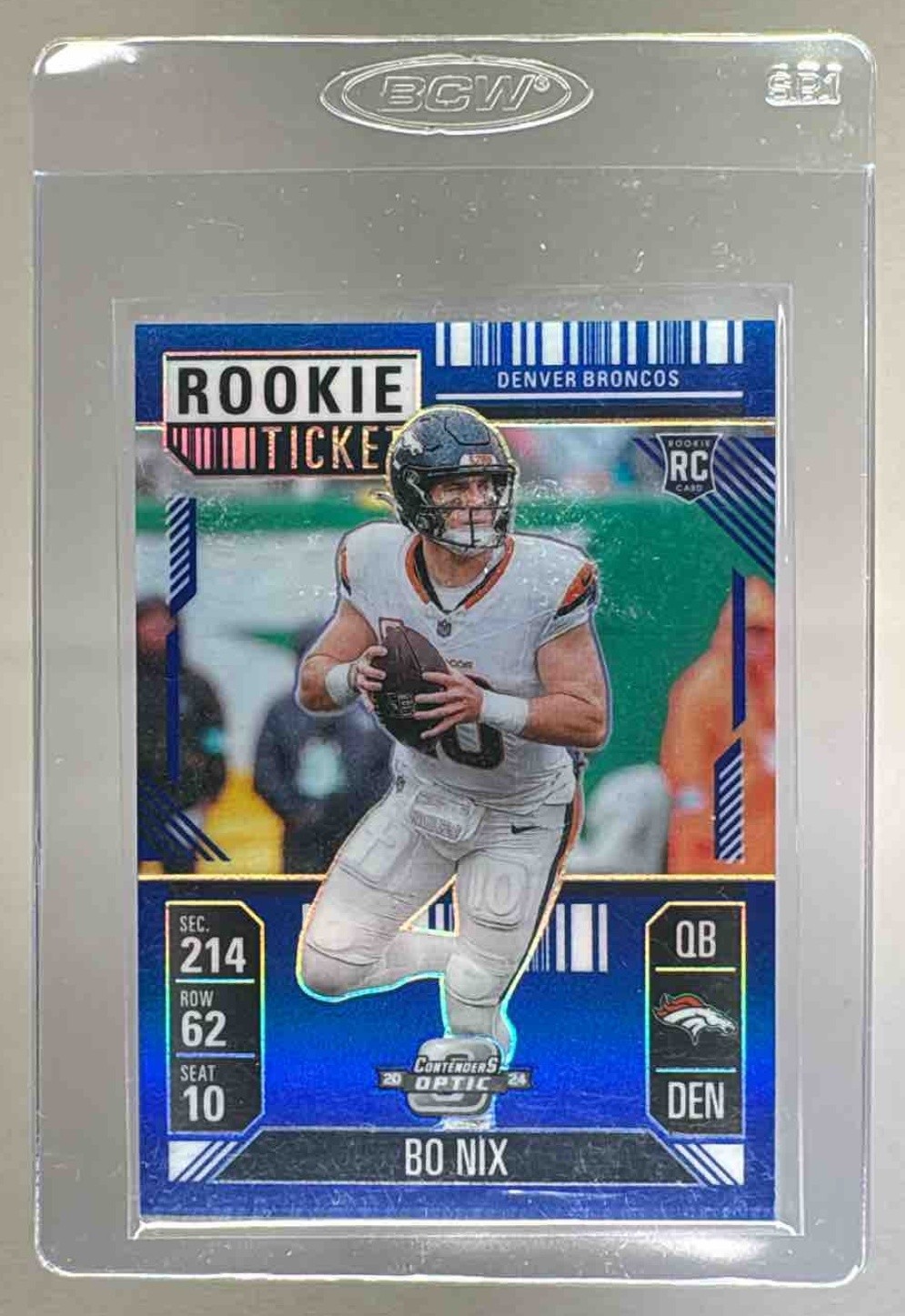 Bo Nix 2024 Panini Contenders Optic #62 Blue Prizm Rookie Ticket Rookie RC /99