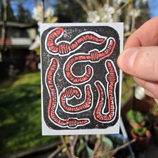 ACEO Linocut Stamp Worms Garden Print - Handmade Art Card - S. Shiel ~ #4/12
