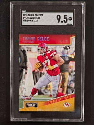 🔥 2018 PANINI PLAYOFF TRAVIS KELCE #96 4TH DOWN GOLD HOLO /10 MINT + SGC 9.5 🔥