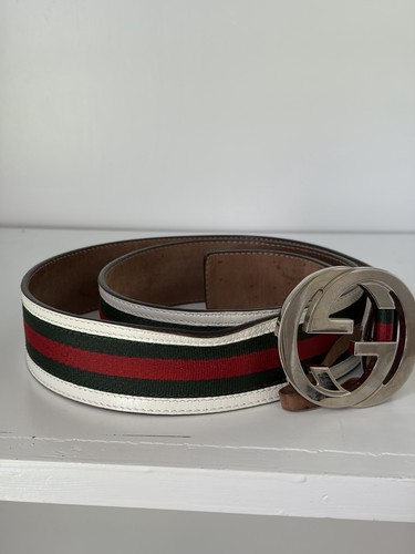 Gucci White Dress Belt Silver Buckle Red-Green Stripe Adjustable Men's Sz 40