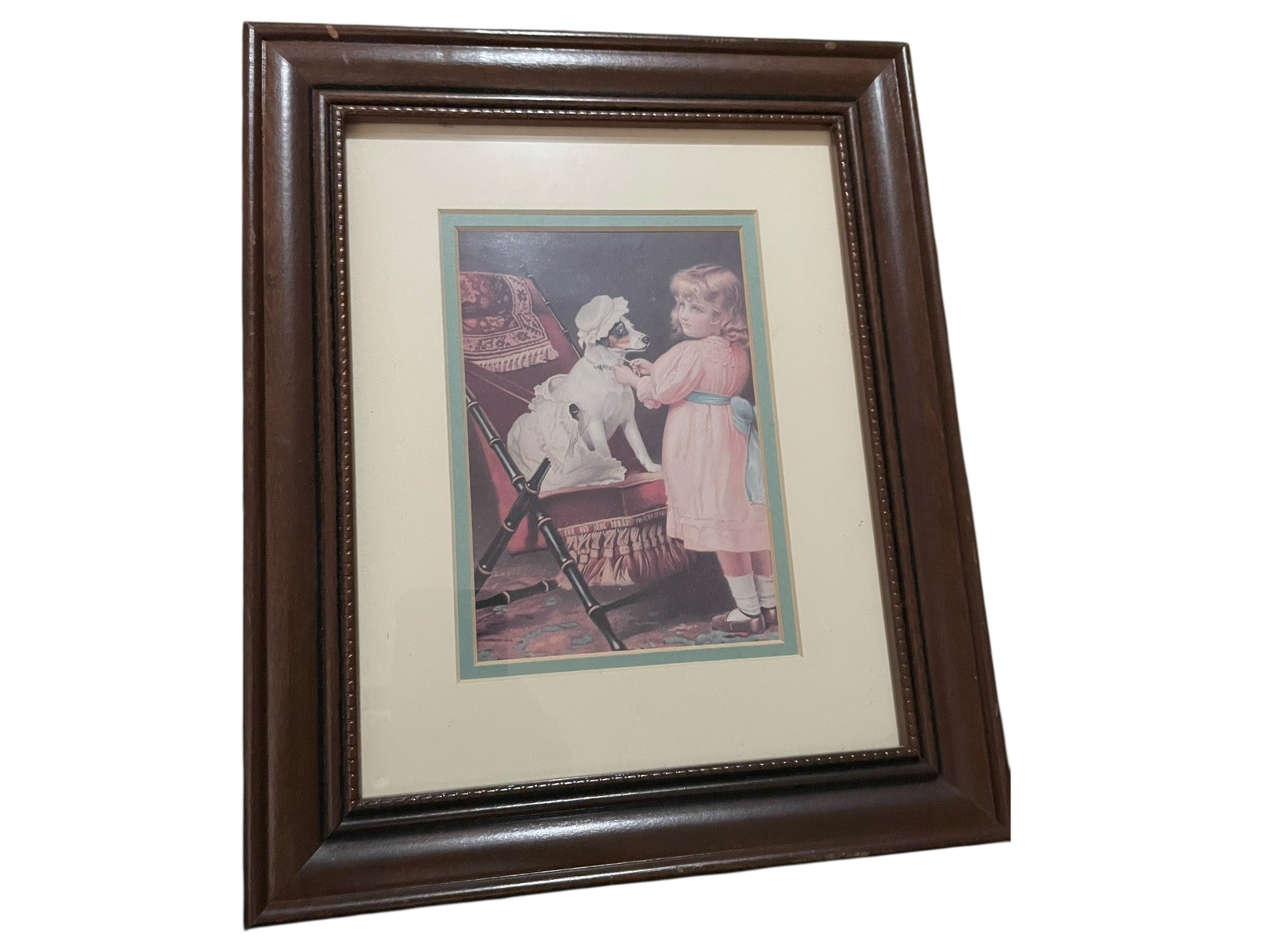 Vintage Framed Girl Dog Print Cottagecore Farmhouse Wall Art Wood Frame