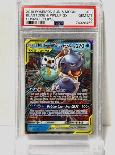 2019 Pokemon Sun & Moon Blastoise & Piplup GX Cosmic Eclipse #38 PSA 10