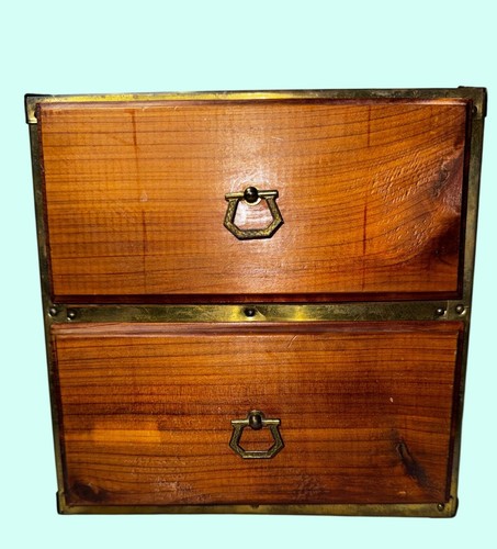 7" Wooden cedar box Chest 2 Drawer Organizer Brass Trim & Handles Storage Unit