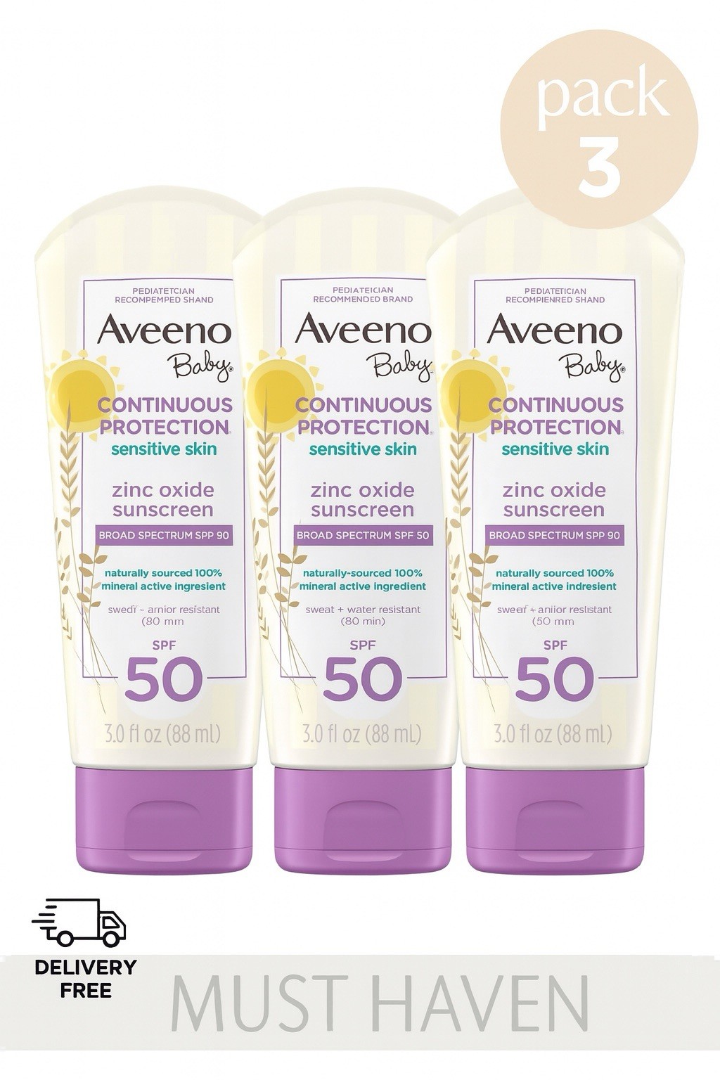 Aveeno Baby Zinc Oxide Sunscreen SPF Pack of 3 3oz 88ml