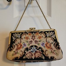Vintage Petit Point Jeweled Tapestry Floral Purse Made in Czechoslovakia