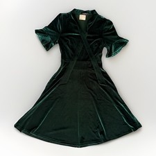 RANPHEE Green Velvet Dress Size S Tie Neck Short Sleeve Midi Side Zipper Formal