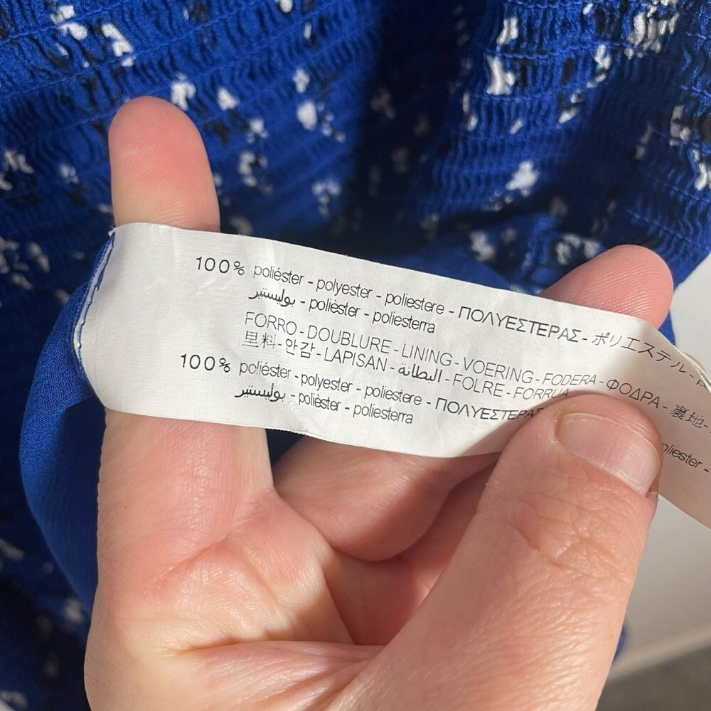 Zara Smocked Floral Bodycon Off the Shoulder Mini Dress in Blue/White Size S thumbnail 7