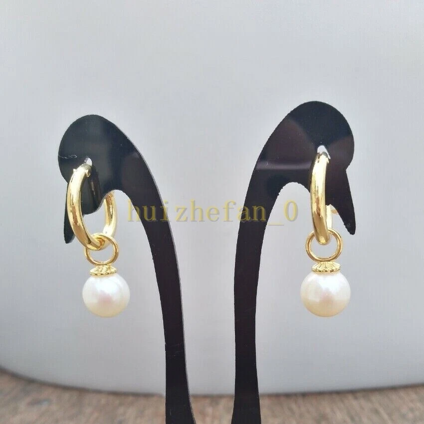 7-8mm natural akoya white AAA round pearl earrings 14k Yellow Gold P Lever Back - Image 3 of 4