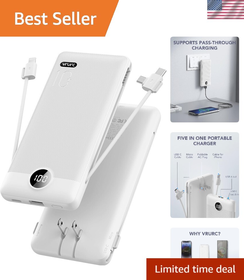 10K mAh Slim Portable Charger with Built-in Cables & Wall Plug
