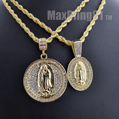 Gold Plated Cubic Zirconia Guadalupe Virgin Mary Charm & 24" Rope Chain Necklace - Afbeelding 2 van 10