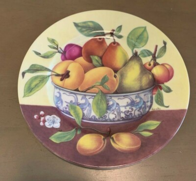 1 Salad Plate 1855 Chinese Bowl Godinger Fruit Pears Peach Email Limoges