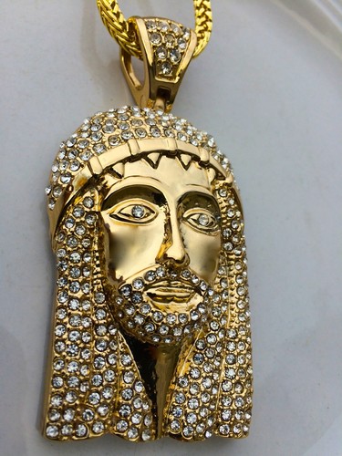 MENS HIP HOP 14K GOLD PLATED JESUS PENDANT W/ 36" FRANCO CHAIN NECKLACE - Picture 3 of 5