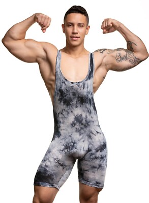 N2N Bodywear Men's Stretchy 'Cosmic' Singlet Wrestler, M Grey Tie Dye - NWT