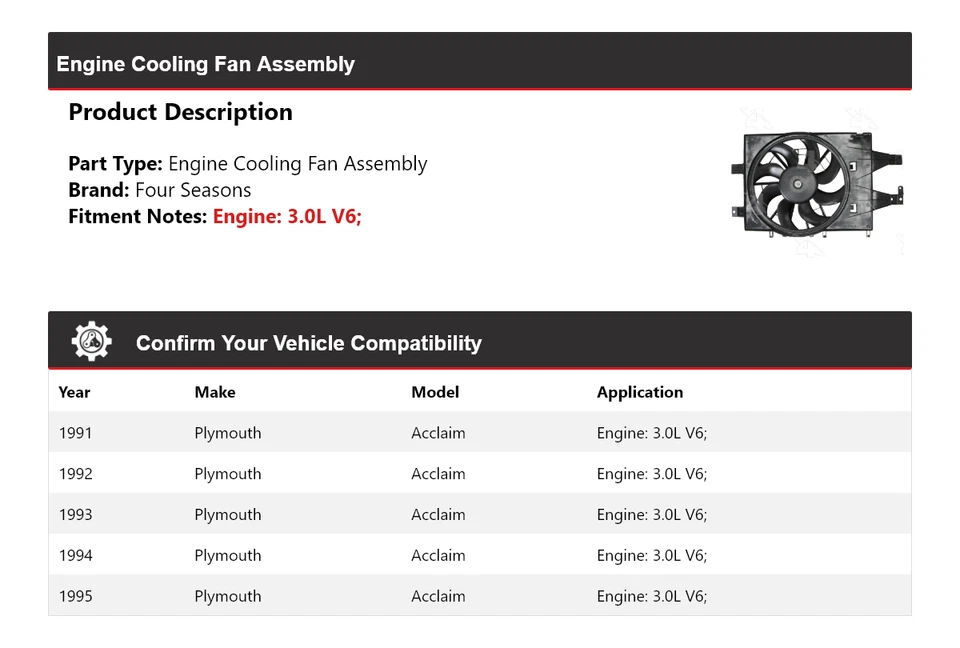 Conjunto de ventilador de refrigeración del motor V6 de 3,0 L Plymouth Acclaim 1991-1995 4 estaciones Foto 2 de 4