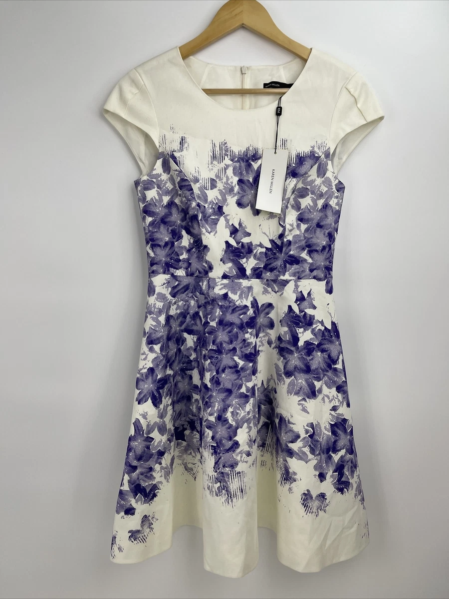 Karen Millen Women s White Purple Floral Round Neck Fit Flare Dress Size 6