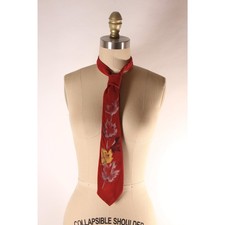 1950s Red, Tan and Gray Hand Painted Leaf Leaves Necktie Tie by Embassy