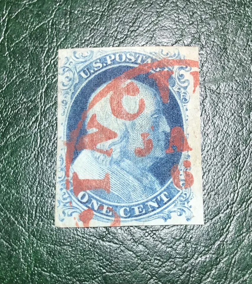 US #7 1c Franklin Blue Type II Imperforate XFS Paint Red Cancel PF Cert (1851) - Image 2 of 4