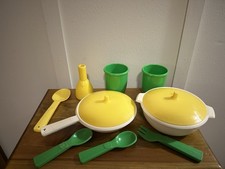 Lot Of Vintage Fisher Price Kitchen Pieces Pot Pan Lid Flower Vase Silverware