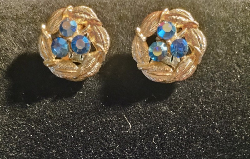 Vintage Gold Tone Clip On Earrings W/ Blue Rhinestones