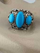 Vintage Women's Sterling Silver 3 Oval Turquoise Ring 6 Filigree Southwest